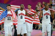 Aug 11, 2012; London, United Kingdom; USA forward Kevin Love (11) and forward LeBron James (6) and guard Kevin Durant (5) celebrate after winning the gold in the men's basketball final against Spain in the London 2012 Olympic Games at North Greenwich Arena. Mandatory Credit: Bob Donnan-USA TODAY Sports