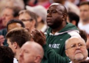 Mar 29, 2009; Indianapolis, IN, USA; Michigan State Spartans former player Magic Johnson watches the finals of the midwest region of the 2009 NCAA mens basketball tournament between the Spartans and Louisville Cardinals at Lucas Oil Stadium. Michigan State beat Louisville 64-52. Mandatory Credit: Jerry Lai-USA TODAY Sports