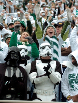 The Michigan State University student section at Spartan Stadium in East Lansing gets fired up as they watch pre-game warmups prior to Saturday afternoon, October 3rd's clash against in-state rival Michigan. Lon Horwedel | AnnArbor.com