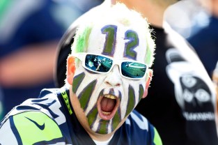 Sep 4, 2014; Seattle, WA, USA; Seattle Seahawks fan David Chilson of Seattle cheers during pre game warmups against the Green Bay Packers at CenturyLink Field. Mandatory Credit: Joe Nicholson-USA TODAY Sports ORG XMIT: USATSI-180012 ORIG FILE ID: 20140904_ajw_sn8_016.JPG