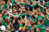 Notre Dame students celebrate a touchdown during an NCAA college football game on Saturday, Aug. 31, 2013, at Notre Dame. SBT Photo/JAMES BROSHER