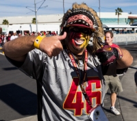 Jordan Stockdale from Fresno, California attends the Washington Redskins versus San Francisco 49ers game at Levis Stadium dressed up as the Native mascot on November 23, 2014 in Santa Clara, California. Stockdale, a self-proclaimed Redskins fan for all his life who admits he was born in the late 1980s, questions why the name has lasted so long claiming, “If it was a big deal it would be changed already.” (Jose Lopez)